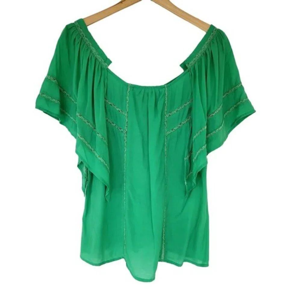 C Luce Boat Neck Blouse Womens Size S Bright Green Lace Trim Lightweight
